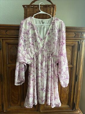 a new day White Dress with Lavender Floral Print Long Sleeve